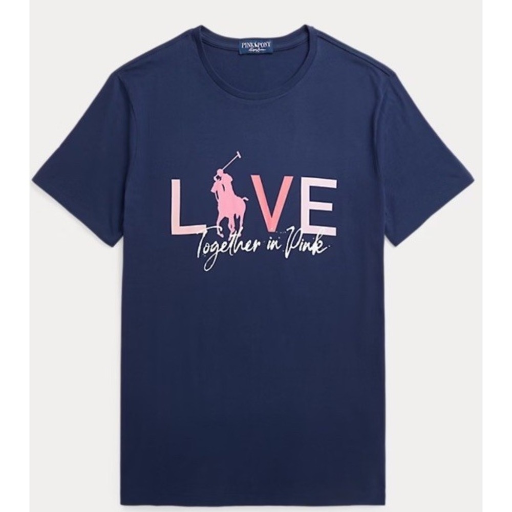 Polo Ralph Lauren Women's M Pink Pony Graphic Logo Love Jersey T-Shirt Blue NWT